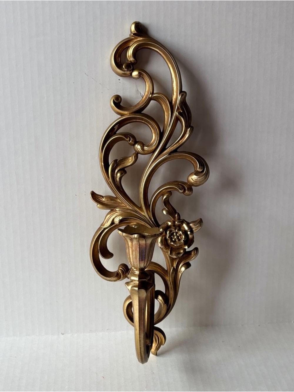 Syroco Vintage Wall Sconce Candle Holder Ornate Gold Scroll Floral USA retro